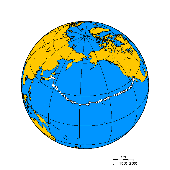 Orthographic projection of Adelita's track across the Pacific, August 1996- October 1997